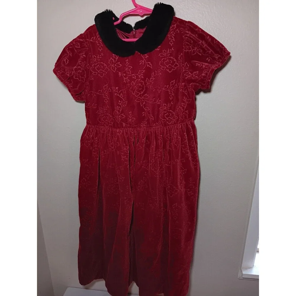 Gymboree Girls Red Crushed Velvet Dress with Faux-Fur Peter Pan Collar 3XL  8yrs